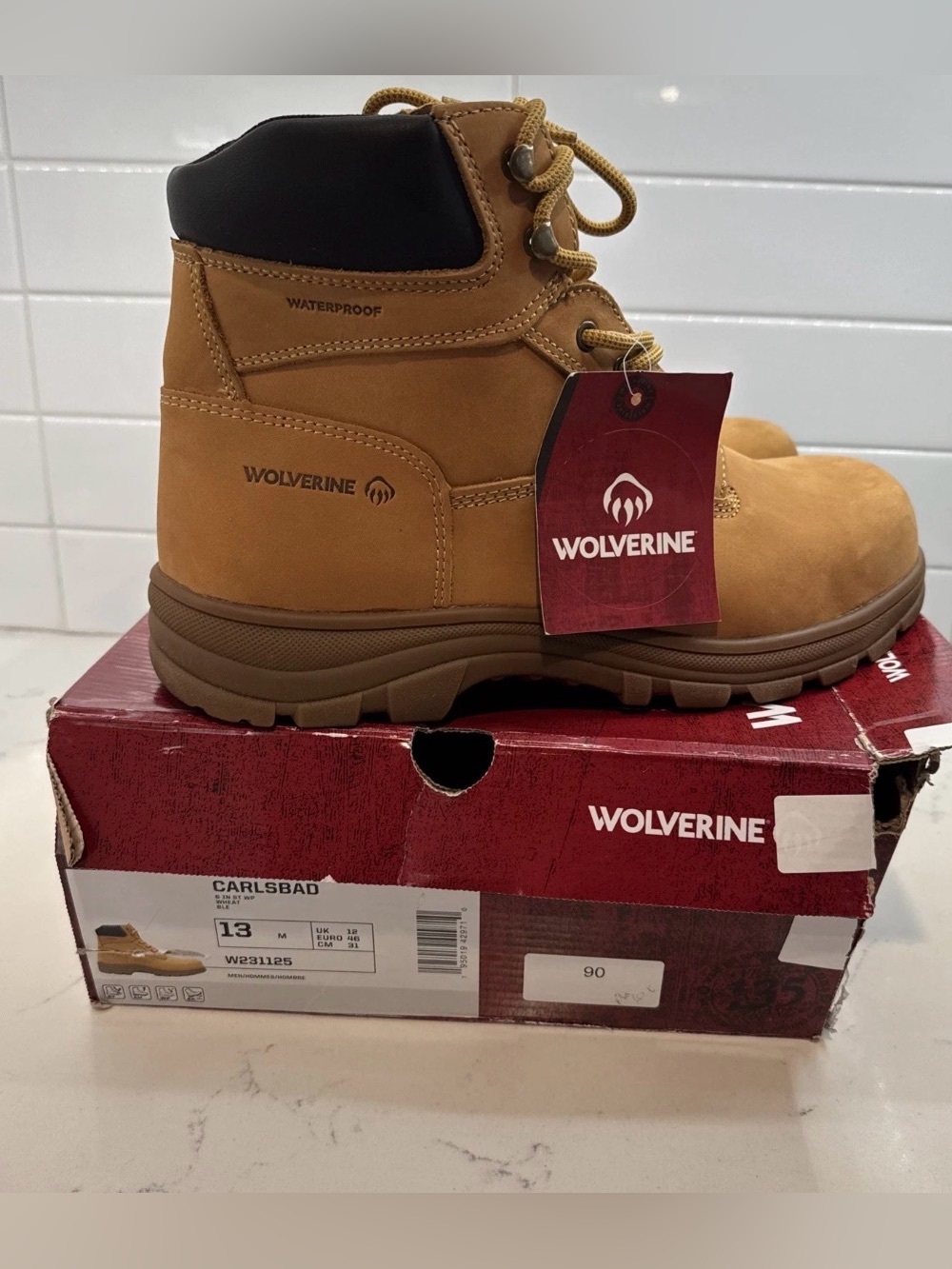 Wolverine 6” Carlsbad Men's Tan Waterproof Work Boot with Black Collar Steel Toe